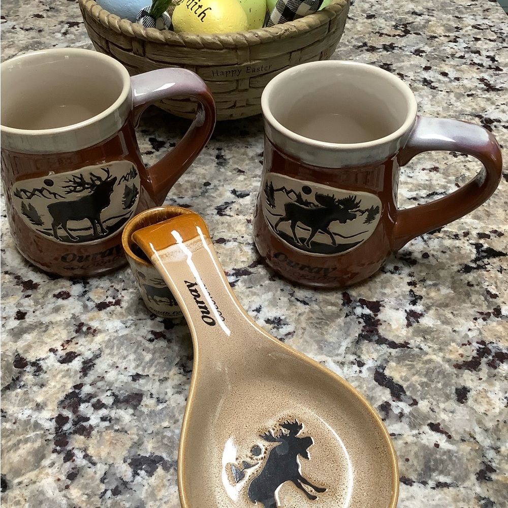 Colorado Ouray Brown Moose Stoneware Mugs Spoon Rest Shot Glass Set